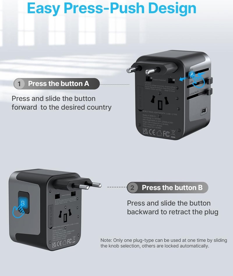 VINTAR محول سفر عالمي، محول طاقة دولي مع 6A 3 USB C و 2 USB، محول أساسي للسفر، محول مقبس عالمي لأوروبا المملكة المتحدة الولايات المتحدة أستراليا (نوع C/G/A/I) - Image 3